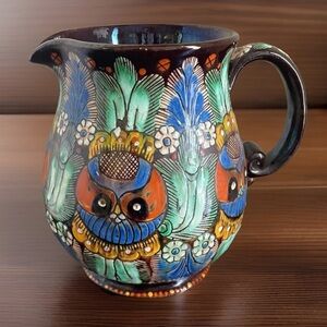 Thoune Swiss Majolica Hand Painted Owl Pottery Pitcher Signed 1900s Antique